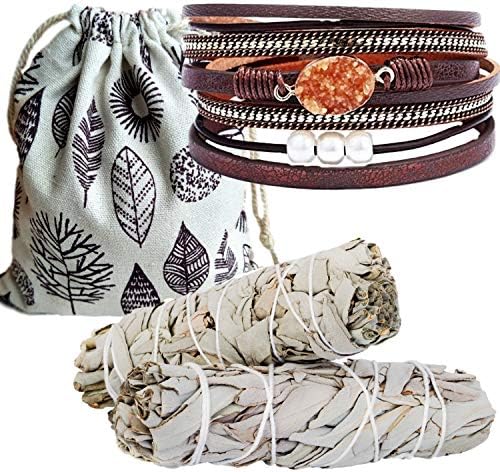 Sage Smudge Sticks Smudging Kit Healing Stones Jewelry Set, Multilayer Bracelets for Women,Crystal Pendant, Tree of Life, Stone Necklace,Stone Rings,Ring Set,Metaphysical Kit (Brown Druzy Leather Set)