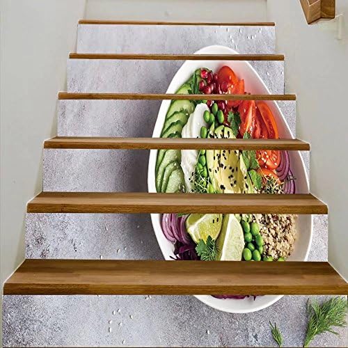 vanfan 3D Creative healthy vegan lunch bowl avocado quinotomato cucumber red cabbage green peas and radis DIY Refurbished Stairs Stickers Removable Waterproof Stairs Mural(39.3"w x 7"h x 6PCS)