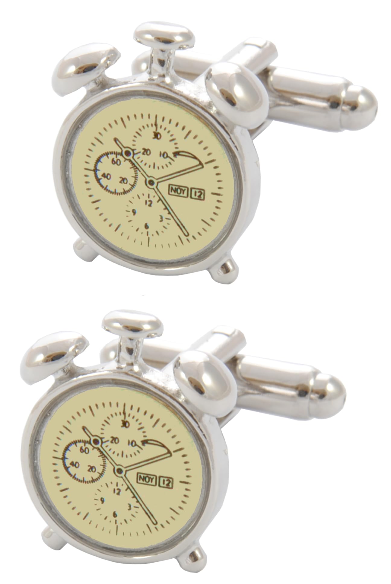 Cufflinks for Men + Presentation Box - Novelty - Alarm Clock With White Face - Brass Metal - Watch Time Hands - White and Silver Colours - One Pair
