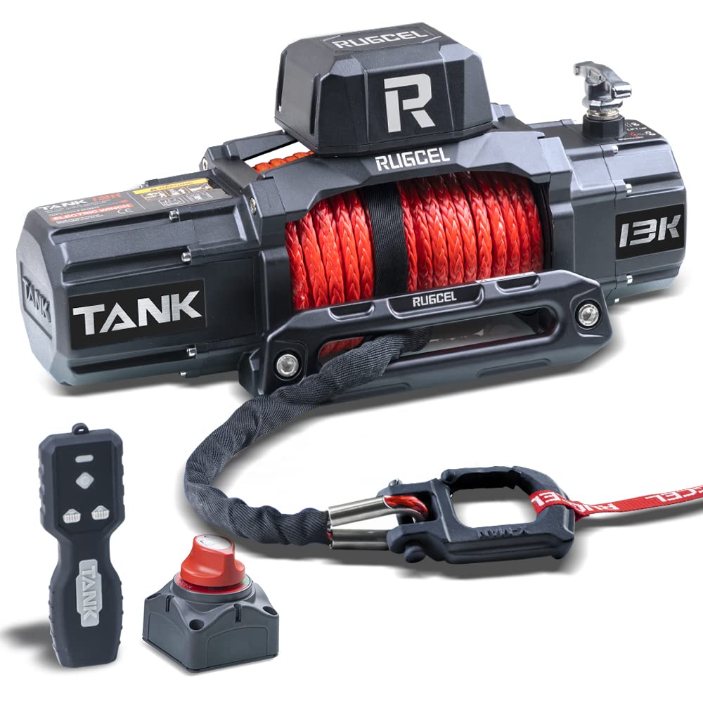 Photo 1 of RUGCEL WINCH 13500lb New Waterproof Electric Synthetic Rope Winch 12V with Hawse Fairlead,2 in 1 Infrared Remote Control,Wired Control,Red Rope,for Truck SUV