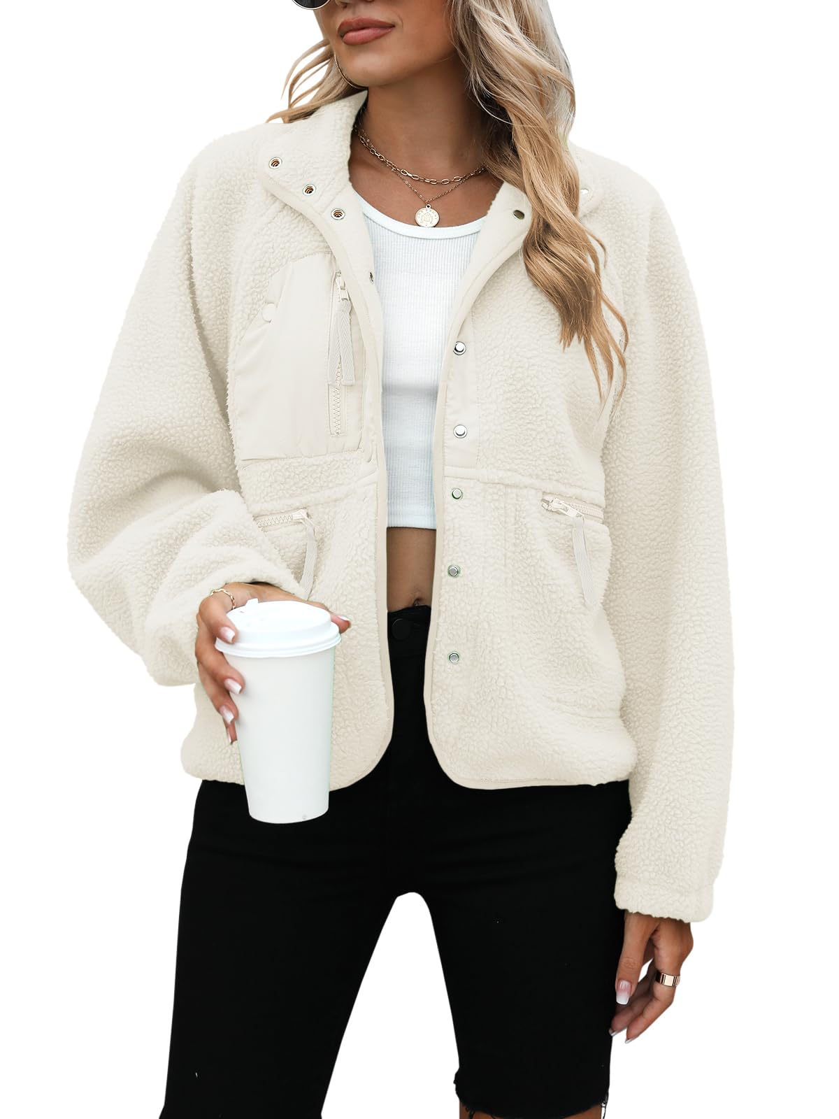 Photo 1 of Yanekop Womens Fleece Jacket Fuzzy Long Sleeve Short Winter Coats Button Down Sherpa Jacket Outerwear with Pockets(A Ivory,M)