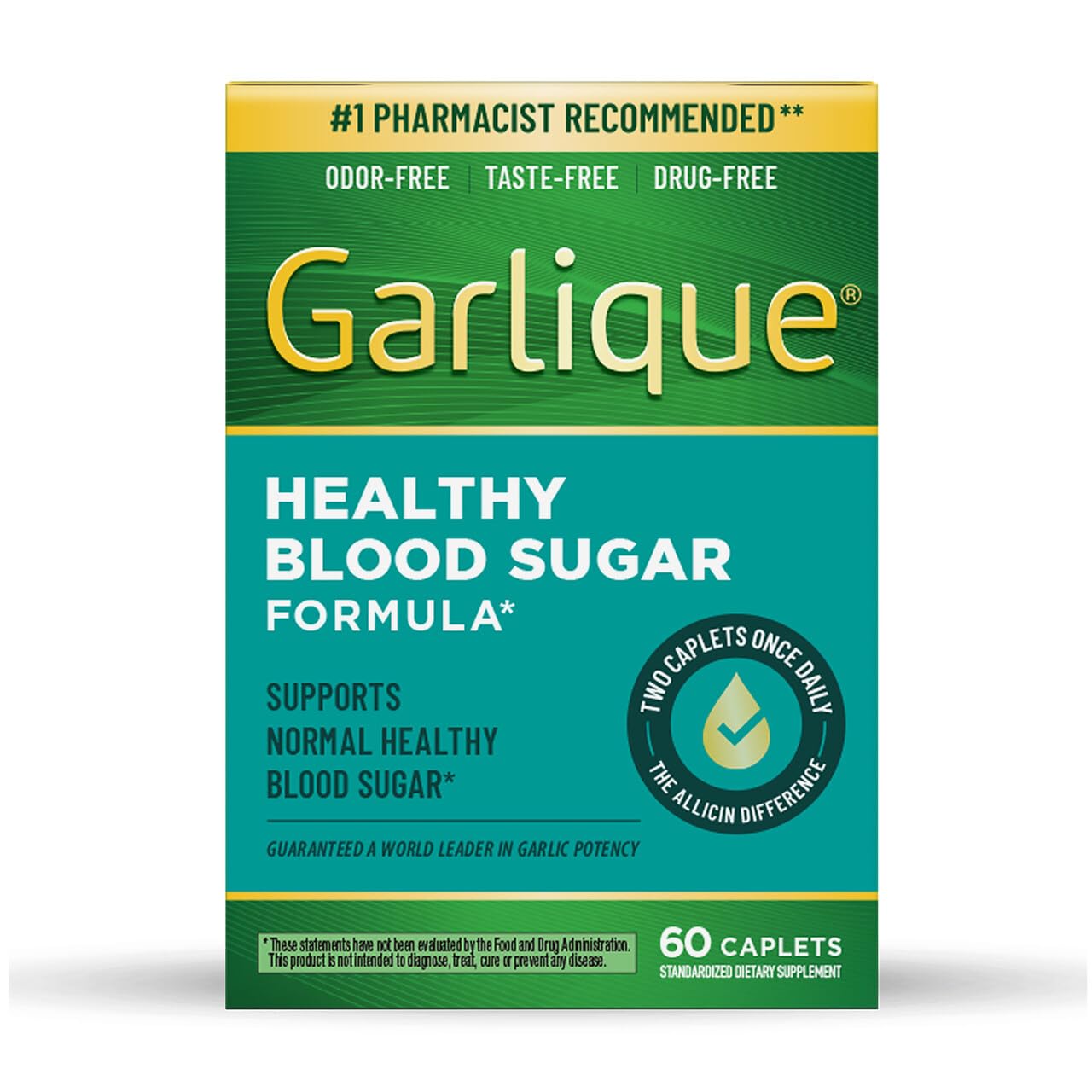 Photo 1 of Garlique Garlic Extract Supplement, Healthy Blood Sugar Formula, 6000 mcg allicin, Odorless & Vegan, 60 Caplets