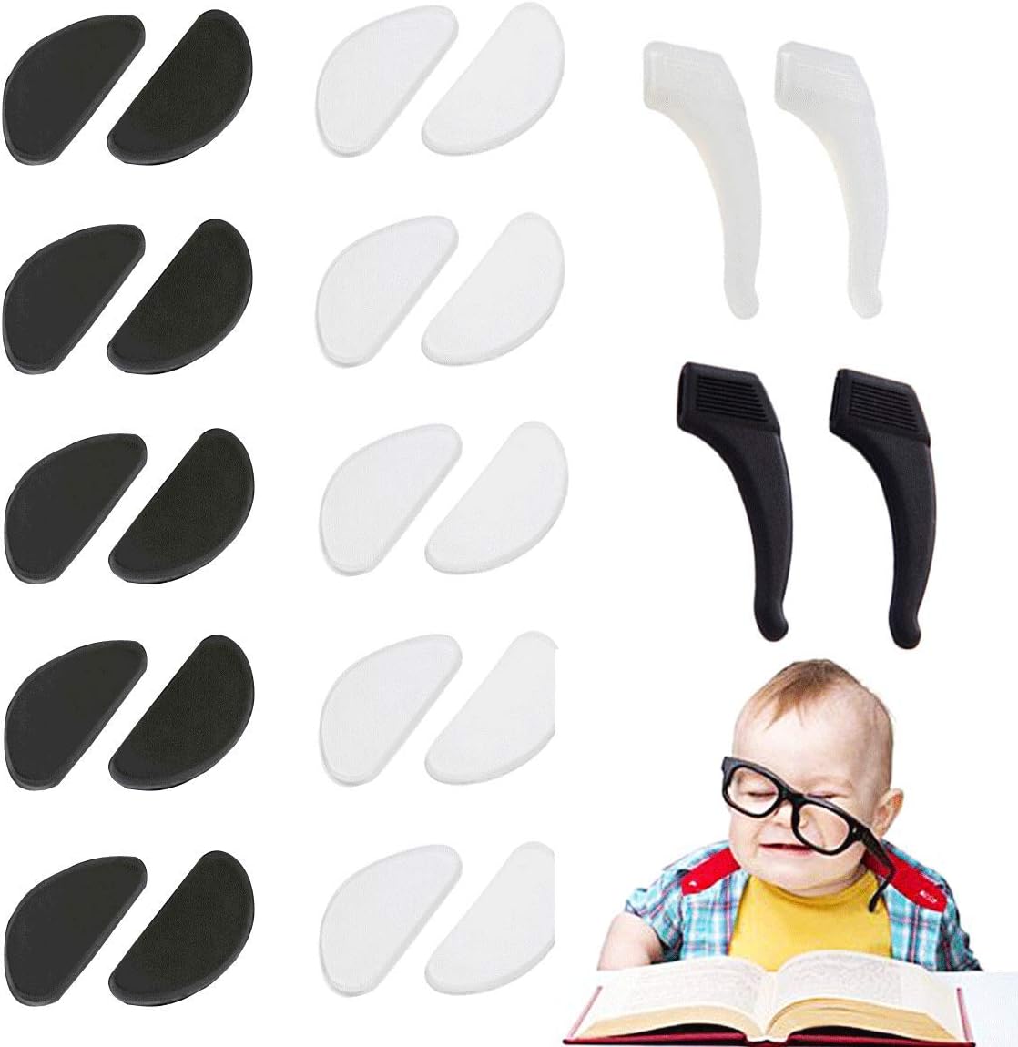 10 Pairs Silicone Nose Pads (1 mm) + 2 Pairs Ear Grip Hooks Anti-Slip Holder for Glasses Sunglasses Spectacles, Black