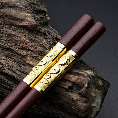 Chinese Dragon Chopsticks, Red Sandalwood, Reusable Classic Style, 2 Pairs Wooden Chopsticks with Holder and Case, Value Gift Set
