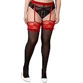 Aiyorse Plus Size Thigh High Stockings for Women, Semi Sheer Stay Up Thigh Highs Suspender Garter Belt Lingerie Pantyhose Tights (Red Black)