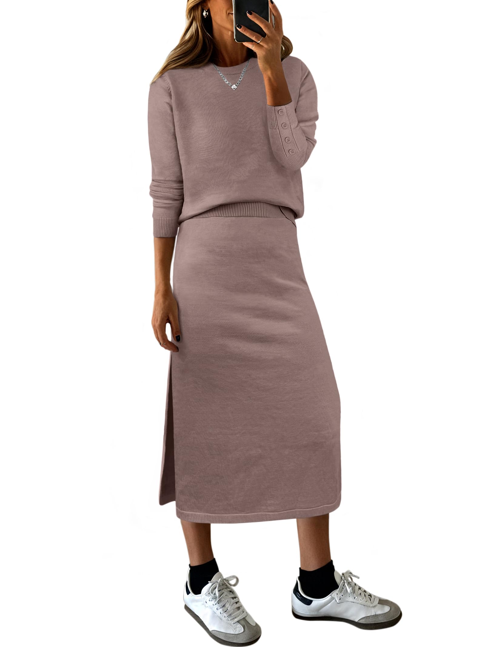 ANRABESS 2 Piece Skirts Sets For Women Fall Fashion 2025 Striped Sweater Midi Dress Knit Lounge Travel Outfits Winter Clothes Nutmeg XX-Large Image