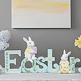 Easter Tabletop Decoration Figurine Centerpiece - Spring Bunny Decor Hand Painted Green Easter Word with 2 Rabbit Easter Decorations for The Home Farmhouse Party 11.75*2.75*5.75 in Newman House Studio