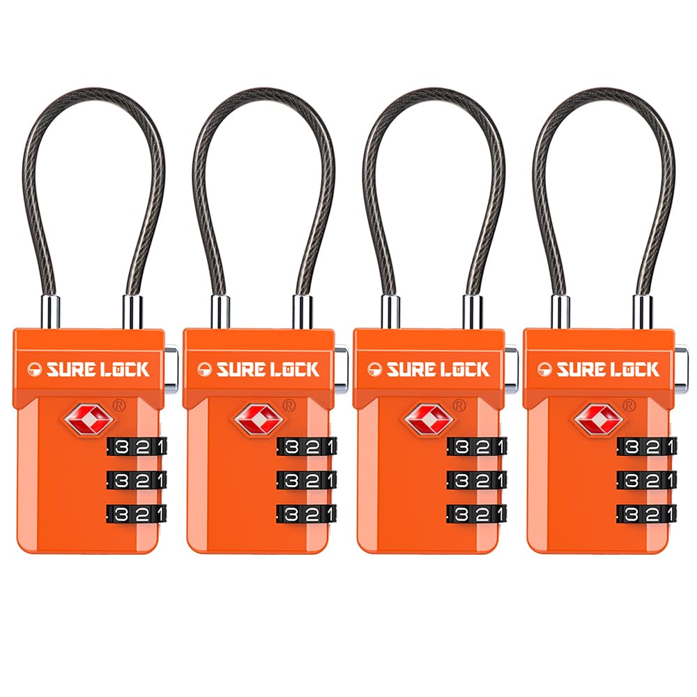 SURE LOCK TSA Approved Luggage Locks – 3-Digit Combination Cable Lock with Red Indicator, Large Dial & Easy-Press Button for Suitcases and Backpacks – Multi-Pack & Color Options, ORANGE 4 PACK