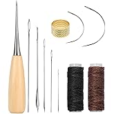 Kioiner 11 Pcs Leather Sewing Tool Kit, Leather Craft Hand Stitching Sewing Kit with Sewing Awl Sewing Thimble Thread Cords T