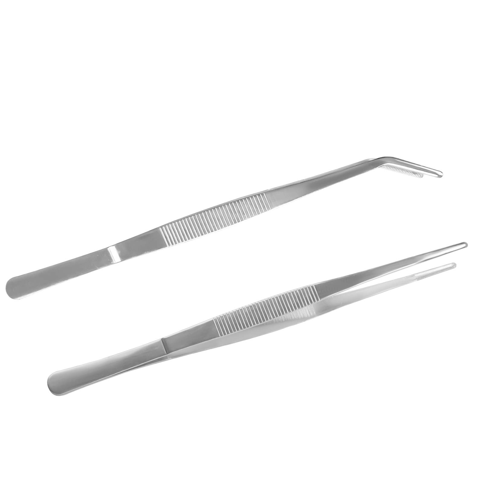 Bent Blunt Tweezers 25cm/9.84in Stainless Steel Professional Non-Slip Long Straight and Angled Tweezers Set for Aquatic Pets or Corals and Crafting Cooking Repairing,2Pcs