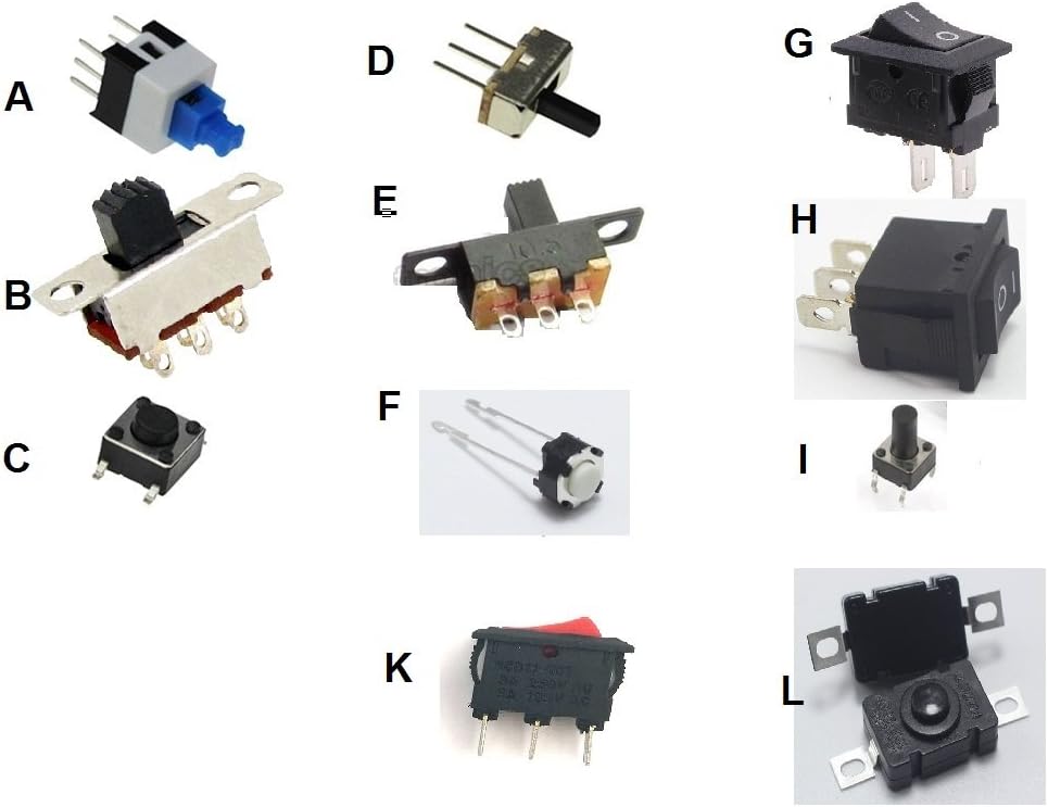 BuenaSol 55Pcs Push Button Combo: 11 Types of Switches [Type A,B,C,D,E,F,G,H,I,K,L]; 5 of each type