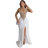 Owzwz Mermaid Prom Dress Sequin Evening Gowns for Women Formal,Galas,Weddings, Elegant Classy Dresses with Rhinestone Bodice,Sheer Long Sleeves,Side Slit(Beige,M,6825)