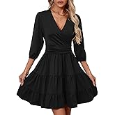PerZeal Women's Wrap V Neck 3/4 Sleeve Wedding Guest Dress Elastic Waist Tiered Belted Ruffle Hem Mini Dress