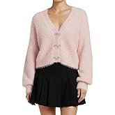 Yimoon Women's Crop Fuzzy Cardigan Sweater Bowknot Brooch Button Knit Cardigans V Neck Long Sleeve Soft Knitwear (Pink-S)