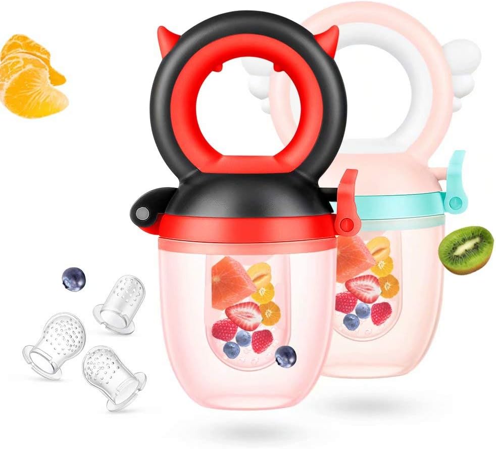 Baby Food Feeder/Fruit Feeder Pacifier (2 Pack) - BPA Free | Bonus Includes All Sizes Silicone Sacs Pink Black