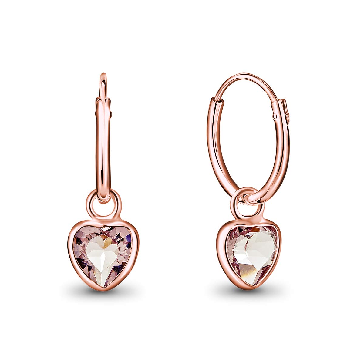 DTPsilver® 925 Sterling Silver Rose Gold Plated SMALL Hoops Earrings & Glittering 5 mm Dangling Heart Crystals from Swarovski® Elements - Thickness 1.2 mm - Diameter 12 mm - Light Amethyst — image 1