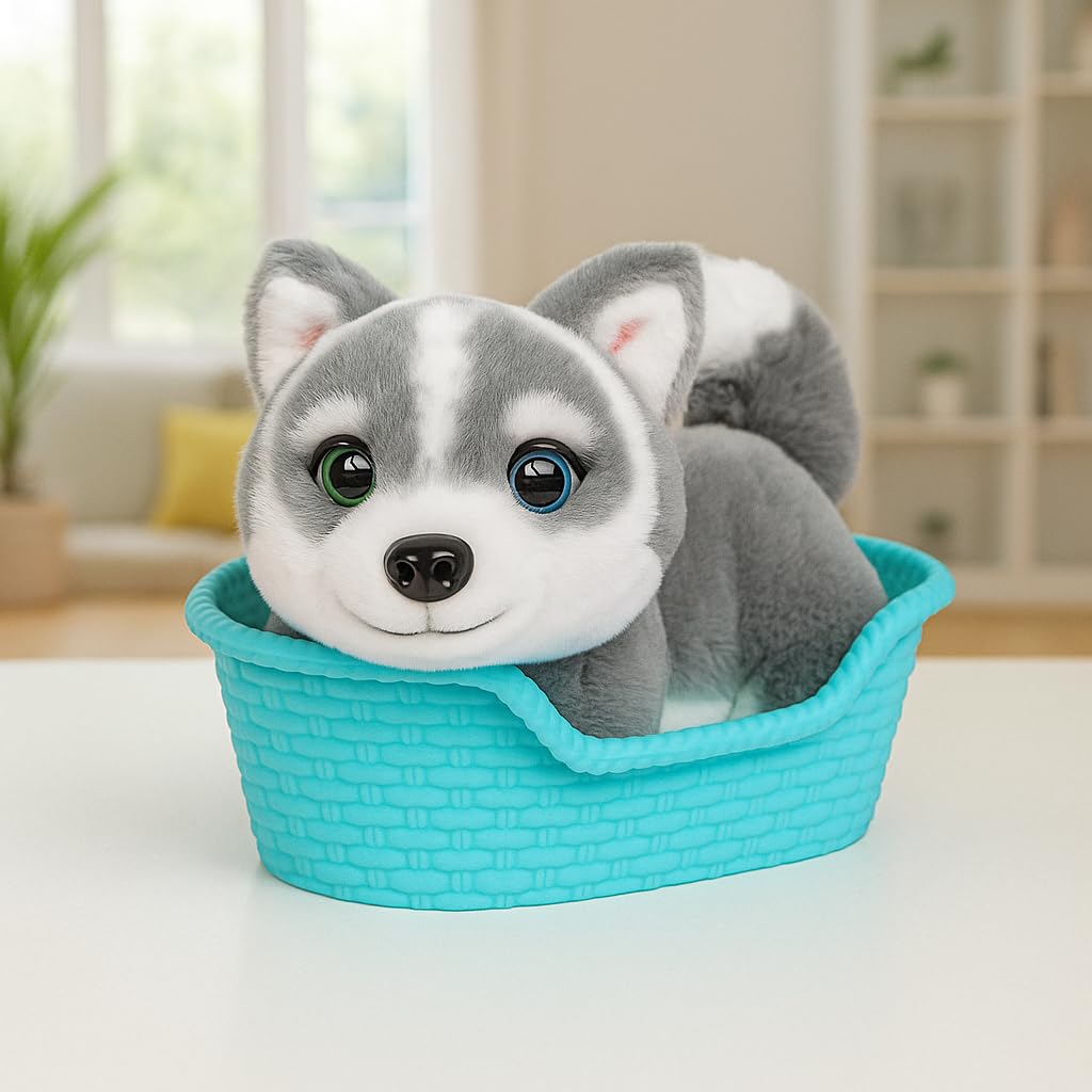 Little Live Pets My Really Real Puppy Mini Aurora The Husky, Interactive Plush Toy with Display Basket, 20+ Sounds and Reactions, Puppy Toys for Kids