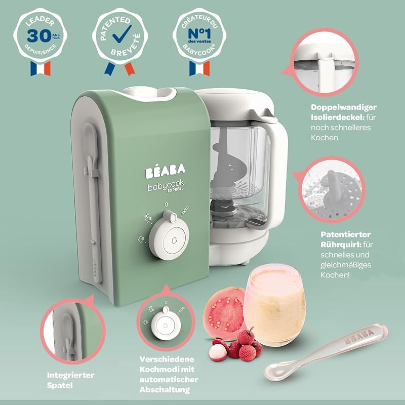 BEABA, Babycook Express, Baby Robot 4 in 1 Mixer/Standmixer, 15 Min. schnelles Kochen, Mixen nach Maß, schonendes und gesundes Dampfgaren, Auftauen, homogene Textur, Kapazität 1 250 ml, Salbeigrün