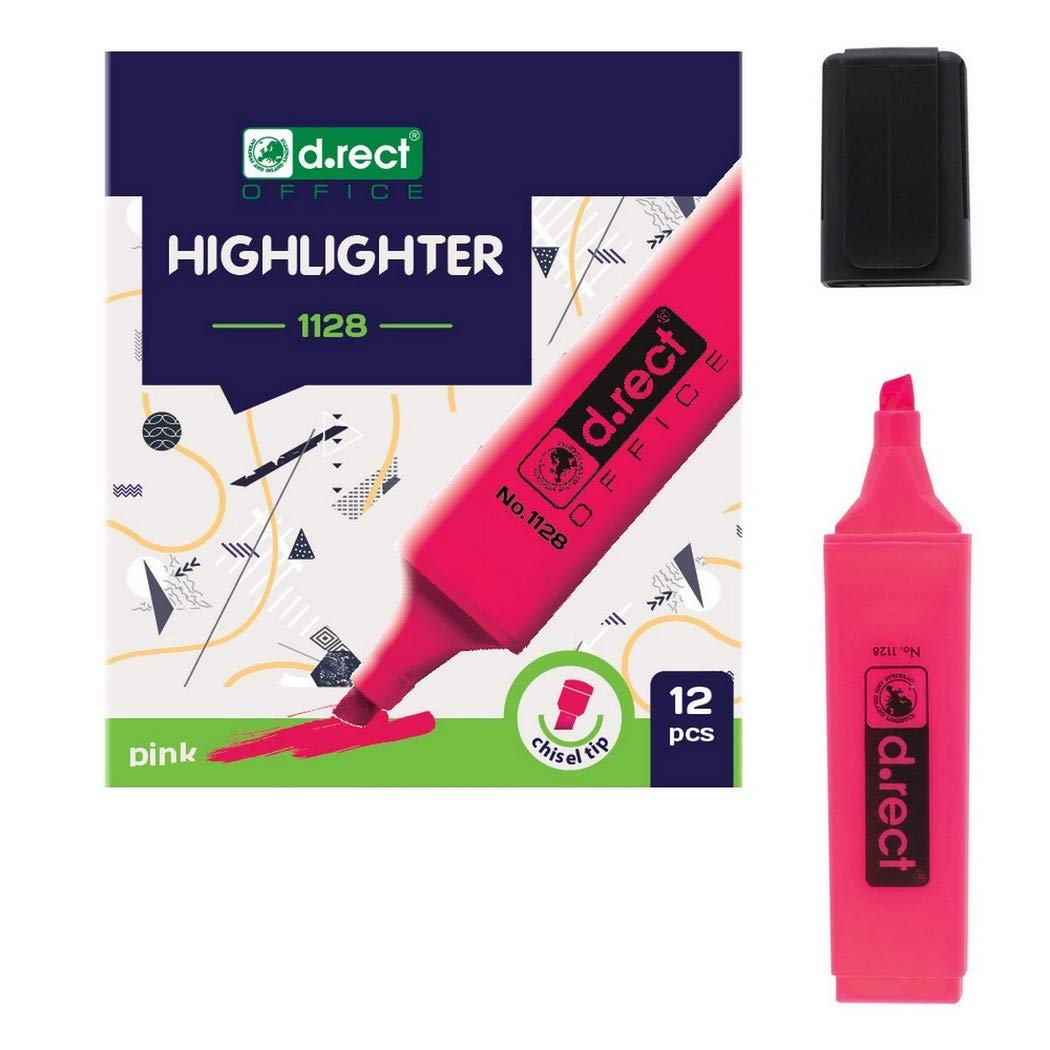 D.RECT 1128 Chisel Tip Highlighters Pink Pack of 12