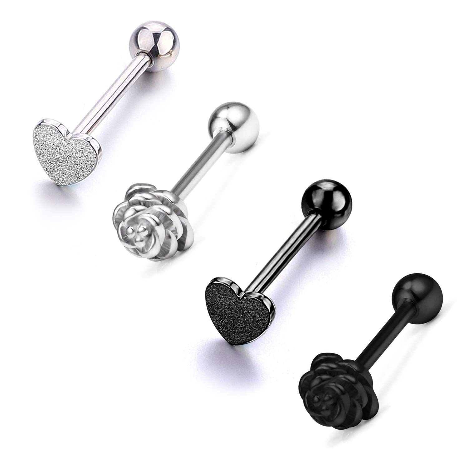 AceFun 14G Stainless Steel Tongue Rings Barbells Heart Shape Rose Shape Tongue Piercing Jewelry 16mm Length 4 Pcs-Silver and Black