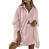 Fixmatti Women 2 Piece Outfits Long Sleeve Button Down Blouse and Shorts Sweatsuit Sets