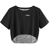 Remidoo Women Fishnet Crop Top Rave Short Sleeve Patchwork Cut Out Shirt | Concert Outfit, Mesh Fishnet, High Low, Cropped, Rave Outfits, Ripped, Punk Rock, Mgk Tshirt, Rap, Goth, See Through Top