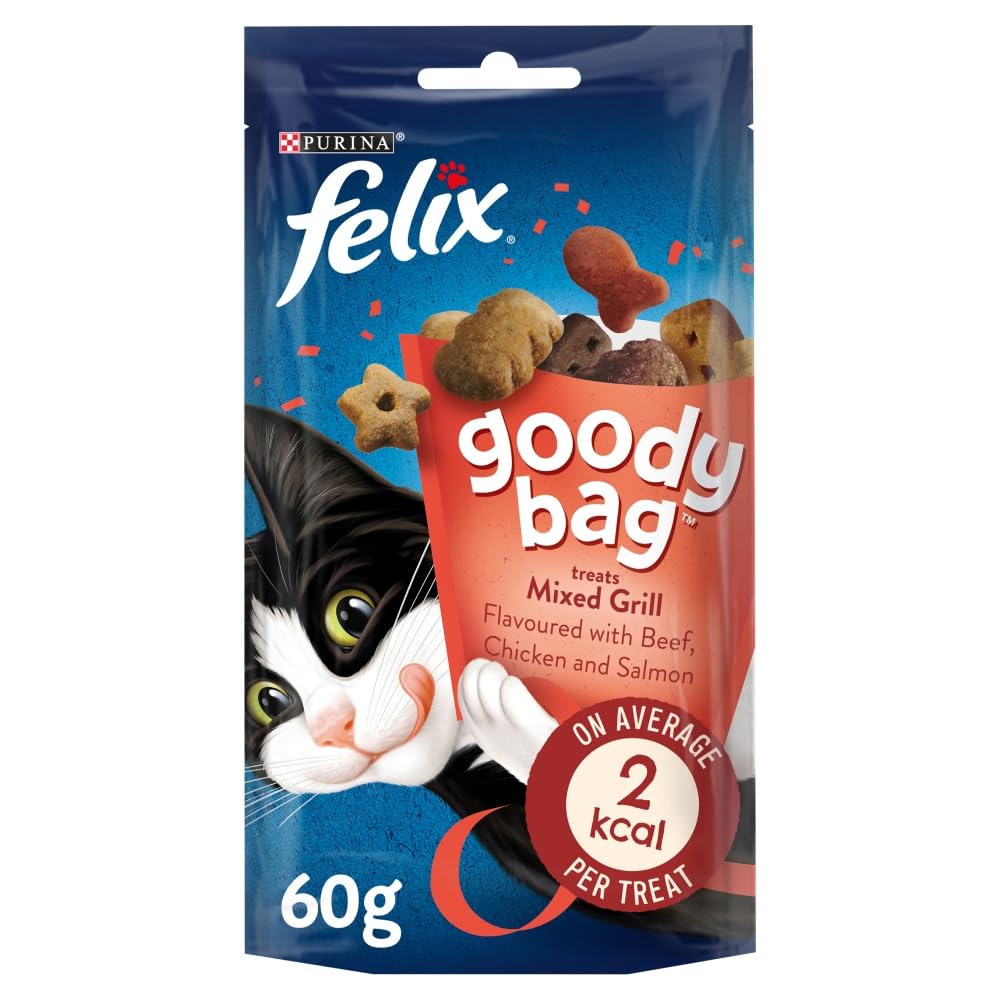 Purina Felix Goody Bag Mixed Grill Cat Treats Flavoured With Beef Chicken & Salmon, 60g