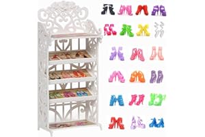 DoubleWood 1 Doll Shoes Rack + 20 Pairs Doll Shoes Replacement Playset Accessories Different Assorted Colors High Heel Boots Sandals Doll Shoes Set for 11.5 Inch Girl Doll