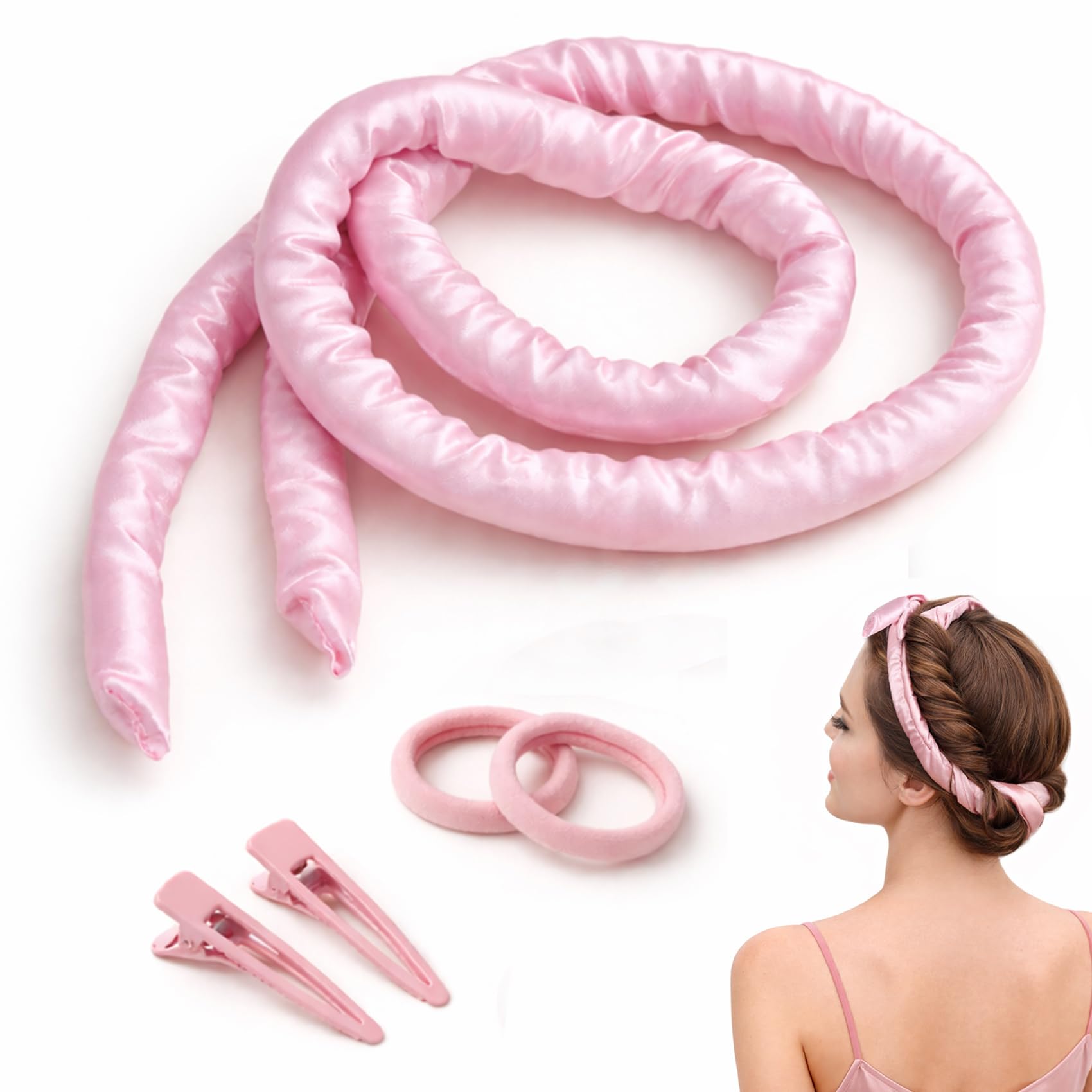 LAC FOR YOU Heatless Curlers - Long Hair Curlers No Heat Set, Overnight Heatless Curls 160 cm Satin Band + 2 Scrunchies & 2 Clips
