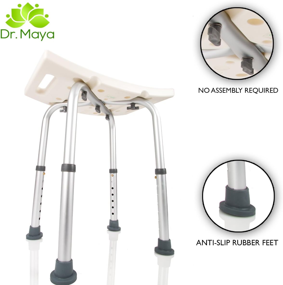 DR. MAYA Adjustable Bath and Shower Chair with Free Suction Assist Shower Handle Large White Anti-Slip Bench Bathtub Stool Seat with Aluminum Legs (Shower Chair): Health & Personal Care