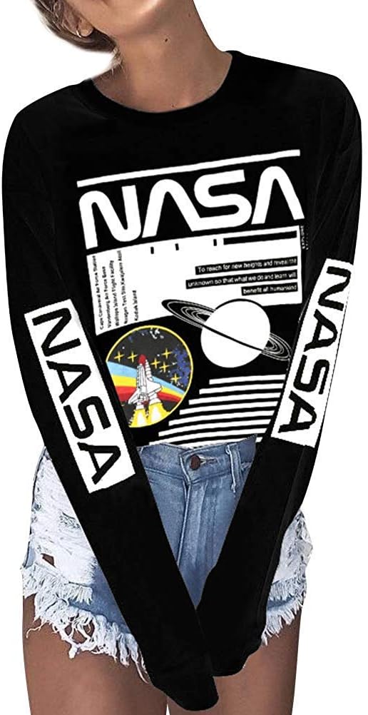 Women Long Sleeve Crew Neck White NASA Letter Print Shirt Tops Blouse Sweatshirt