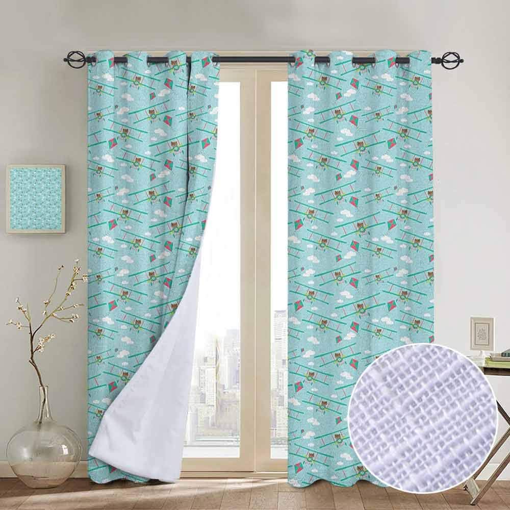 NUOMANAN Room Darkening Wide Curtains Baby,Funny Bear on Ladder Trying to Reach The Kite in Sky Clouds Kids Nursery Cartoon, Turquoise Teal,Light Blocking Drapes with Liner 54"x63"