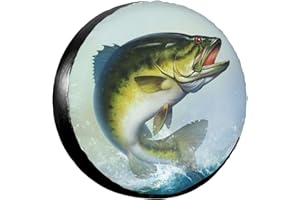 OCIOVAN Bass Fish Jumping Spare Tire Cover Fishing Tire Wheel Covers Waterproof Dust-Proof Wheel Tire Protector Weatherproof Tyre Covers Universal Fit for RV SUV Travel Trailer Truck Off-Road Vehicle 16 Inch