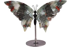 JIC Gem Natural African Bloodstone Raw Crystals Butterfly Figurine Decorative Rocks Stones Healing Crystal Carved Angel Wings with Display Decor Reiki Gifts (1pair, 10cm)