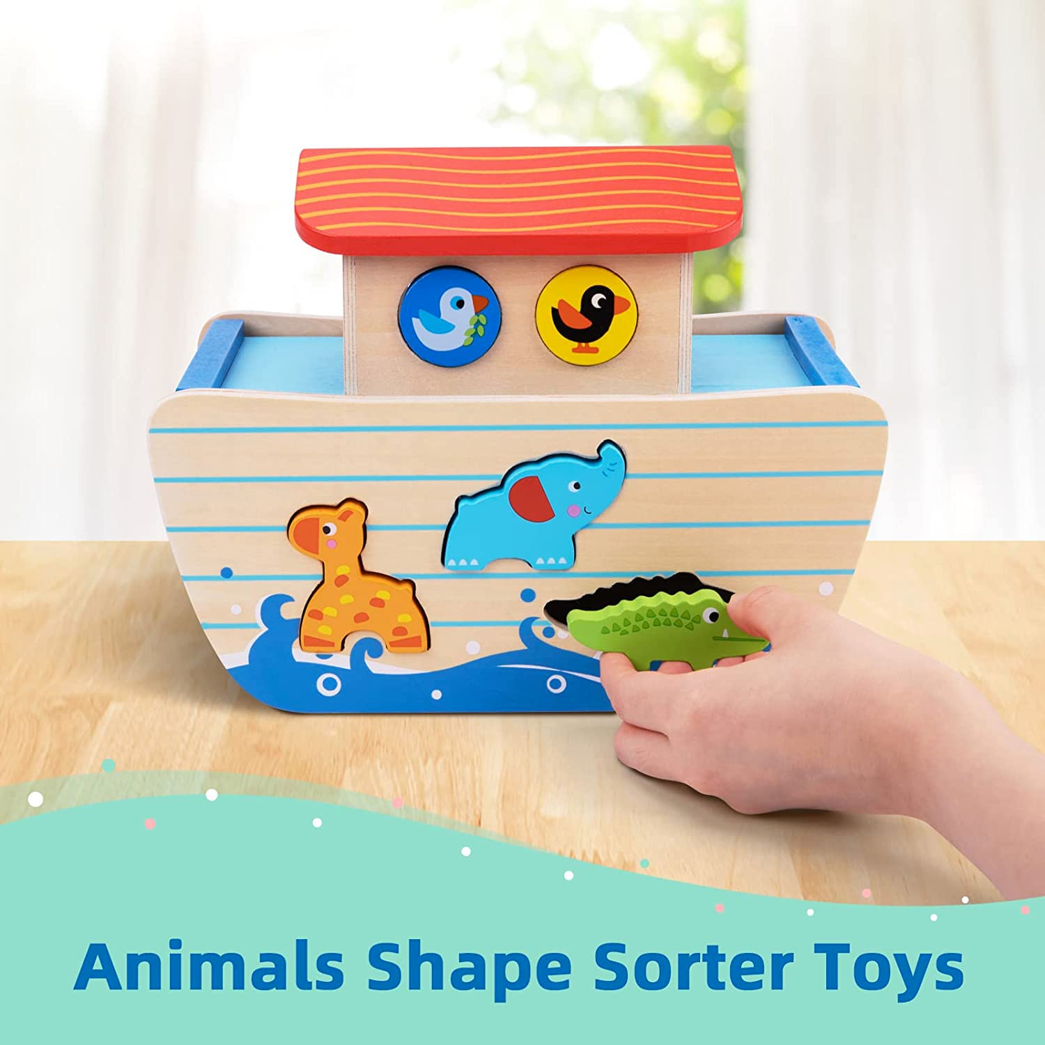 Mua Wooden Noah's Ark Toy Animal Set, Shape Sorter Montessori Learning ...