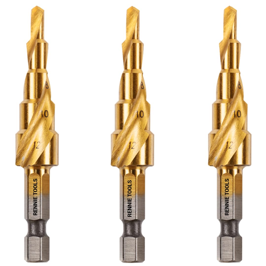 3 Pack - 4mm to 12mm Spiral Flute Step Drill Bits High Speed Steel Titanium Coated, Metric Hex Shank, HSS Tool Set for DIY Plastic Wood Steel Metal Aluminum. Cone Cutter Hole Cutter Drill Bits — image 1