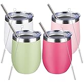 12oz/4 Pack Stainless Steel Wine Tumbler with Lids, Double WallVacuum Stainless Steel Travel Tumbler,Insulated Wine GlassesTravel Tumbler for Cold & Hot Drinks,Cup for Champaign Coffee(Light color)
