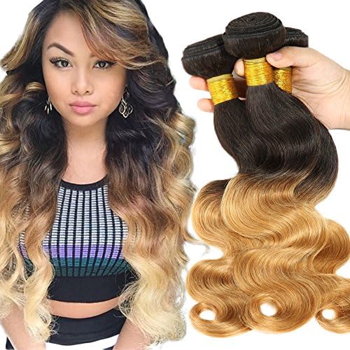 Beautyplus Hair Pack of 3 Bundles Ombre Hair Weft Body Wave (Natural Black to Blonde) Unprocessed Remy Brazilian Virgin Human Hair Extensions (18 18 18 Inches)