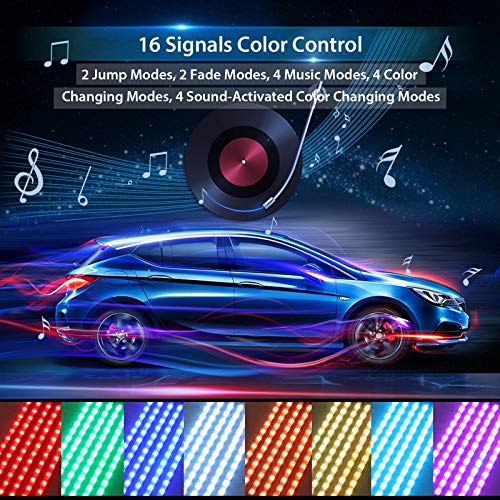 Justech 6PCS 72LEDs Strip Lights Car Interior Lights Footwell Lights Dimmable Ambient Lighting 12V RGB SMD Car Mood Lights Waterproof With Wireless Music Control and Cigarette Lighter