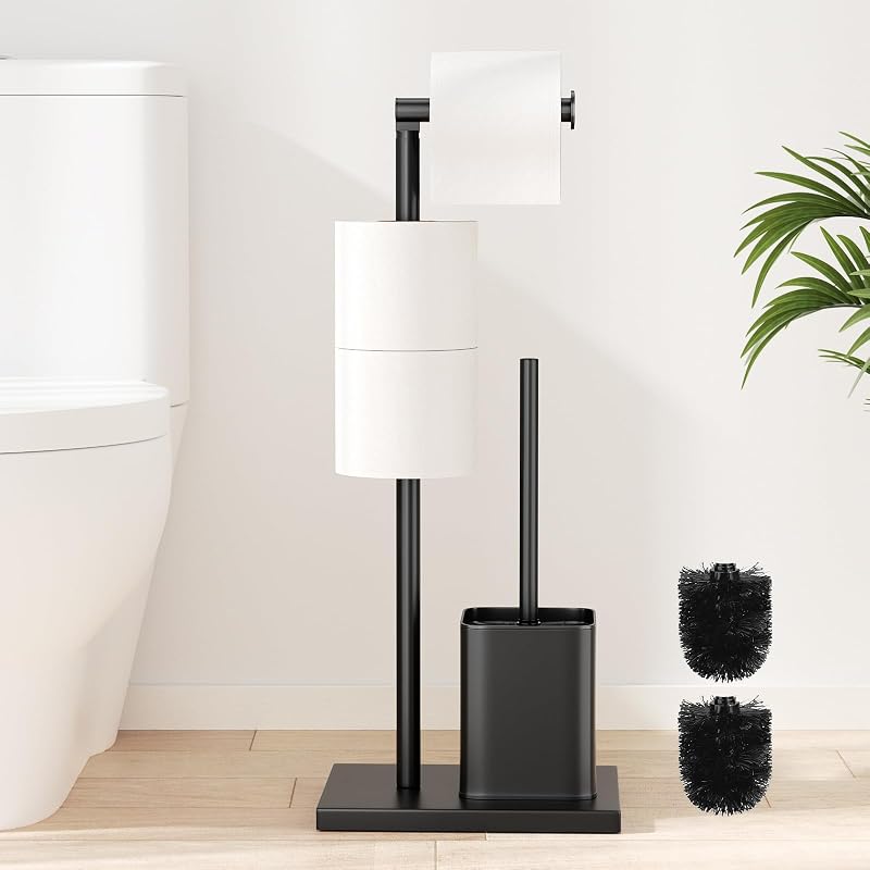Susswiff Stainless Steel Free Standing Toilet Roll Holder with Brush