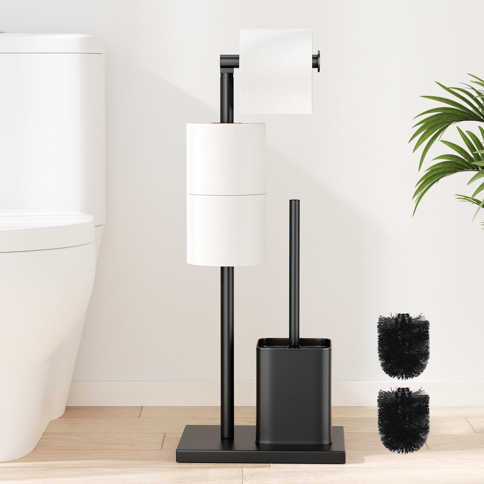 Stainless Steel Toilet Roll Holder with Toilet Brush - Toilet Roll Holder Free Standing, Susswiff Toilet Paper Holder and Toilet Brush, Matte Black Toilet Brush with Roll Holder