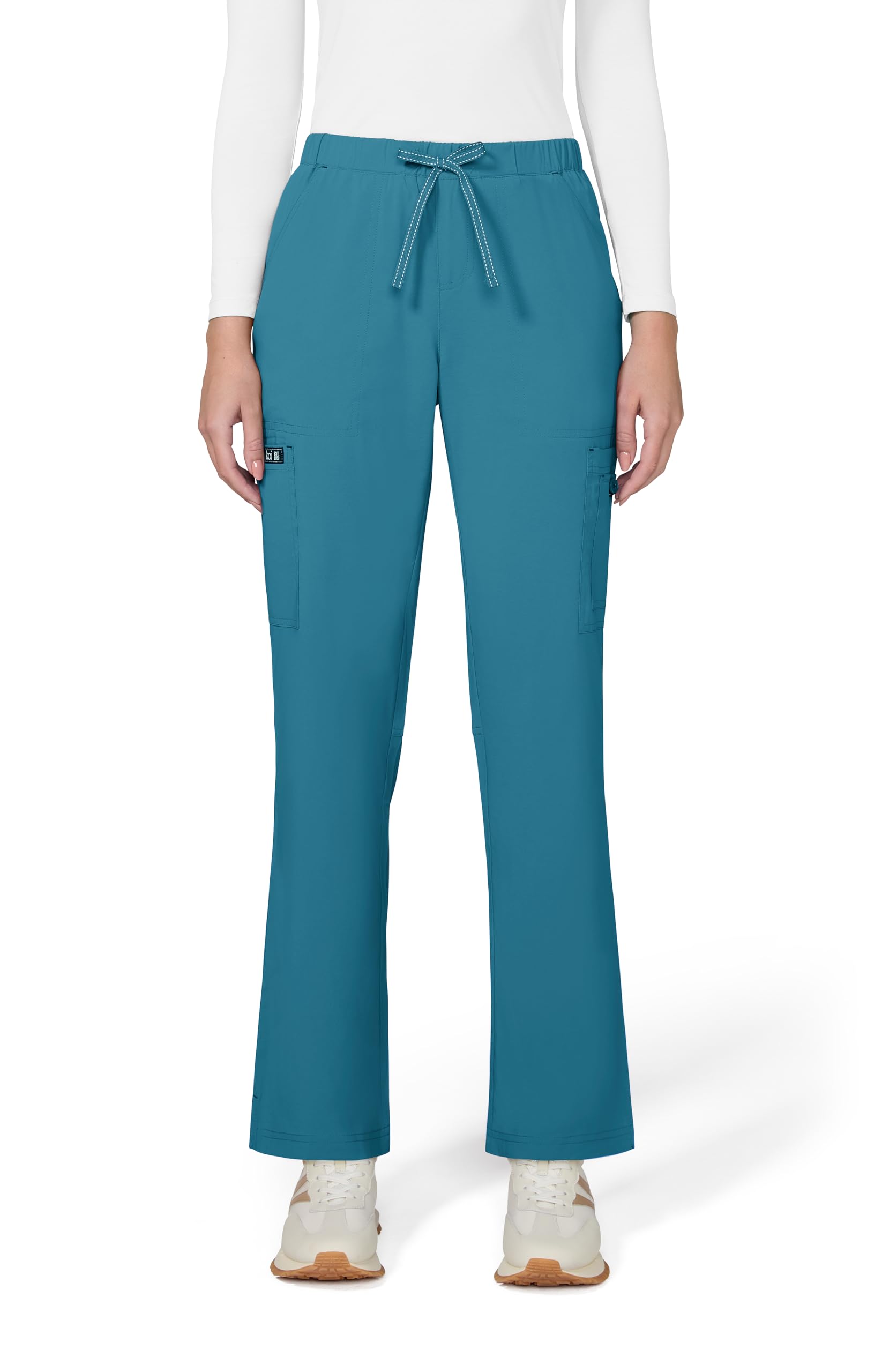 KOI Basics Women's Holly Cargo Scrub Pants, 8 Pockets, Drawstring Waist Teal Medium Petite Image