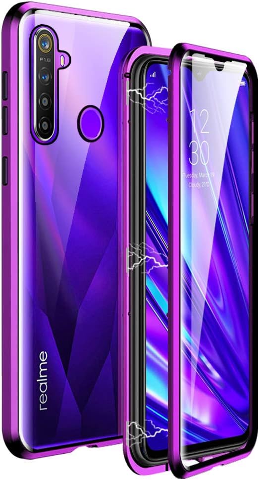 IGUCAC Case for Realme 5 Pro Case,2 in 1 Magnetic Adsorption Cover with Front/Back Tempered Glass and 360 Degree Full Coverage Anti-Scratch Metal Protection for Realme 5 Pro,Purple