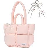 Pinkment Puffy Quilted Tote bag for women with Cute Bow Charm - Korean style l Lightweight Puffer Shoulder bag, Spacious for Travel, Gym, College, Weekender, Carry on Duffel l Gift-Ready