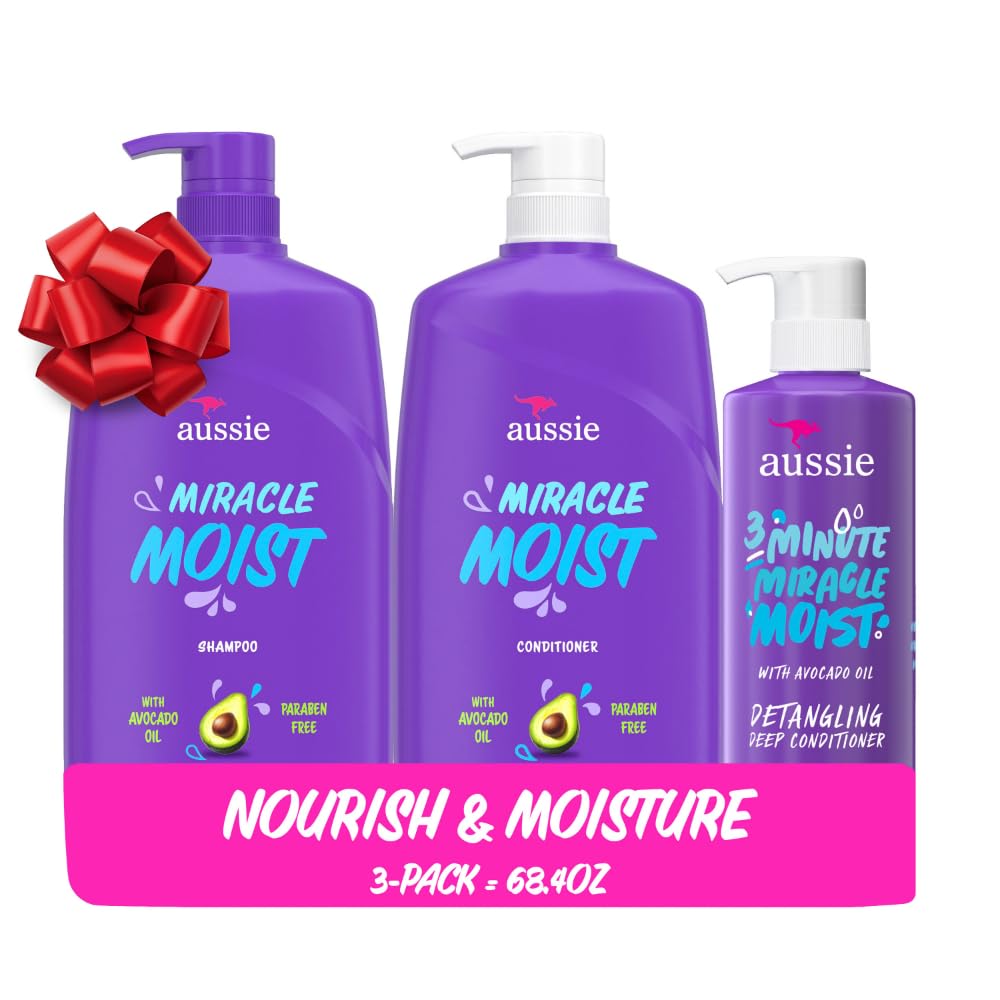 Photo 1 of Aussie Miracle Moist Shampoo and Conditioner with 3 Minute Miracle Deep Conditioner, Avocado & Jojoba Oil, Paraben-Free, Moisturizes & Detangles, All Hair Types, Citrus Floral Scent, 3 Pack 68.4 Fl Oz