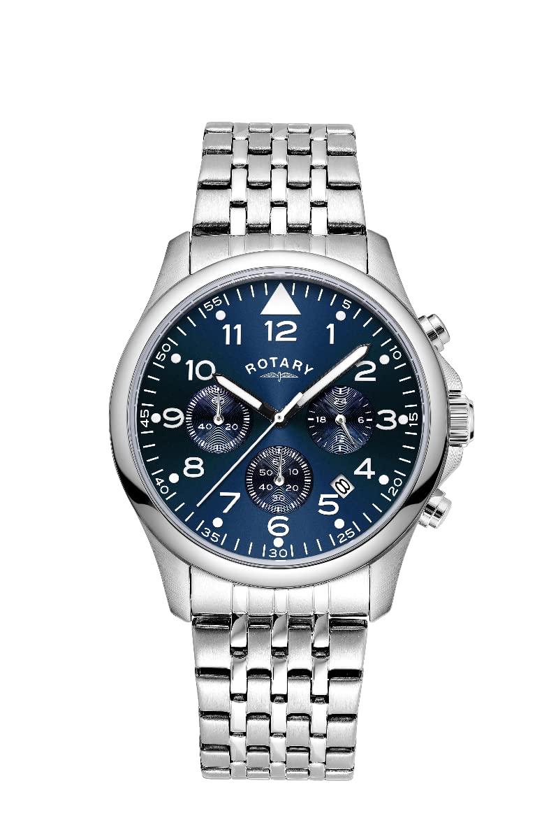 Rotary Mens Chronograph Analogue Quartz Watch with Blue Dial and Silver Stainless Steel Bracelet GB00475/52