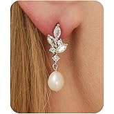 Dangle Pearl Drop Flower Earrings For Women 14K Gold Dainty Long Dangling Statement CZ Trendy Wedding Prom Brides Jewelry