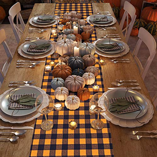 HAKACC 13x108 inches Pumpkin Color Buffalo Plaid Table Runner Cotton Burlap Table Runner for Halloween Holiday Birthday Party Table Home Decoration