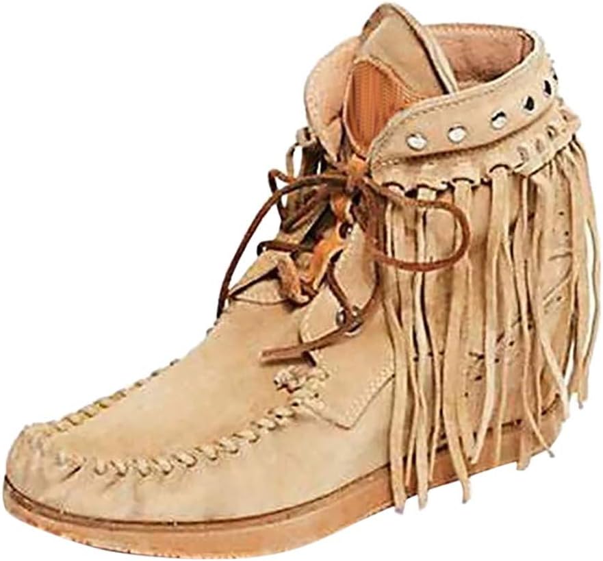Panpany Women's Block High Heels Fringe Ankle Boots Nubuck Leather Retro Booties Tassel Flat Shoes