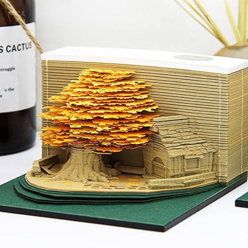 FOMTOR 3D Memo Pad Tree House Model, 200 Sheets Paper Carving Art Notepad, DIY Paper Notes Creative Decorative Gift Wedding Souvenirs Valentine's Day Gifts, Golden